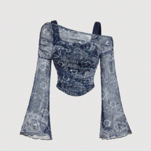 Camiseta de malla con estampado de paisley, manga acampanada y hombro asimétrico