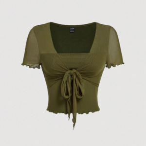 Camiseta vintage verde con dobladillo de lechuga y lazo delantero